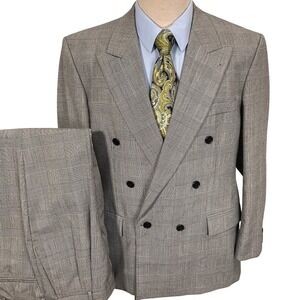 Egon von Fürstenberg Suit Mens 42R 35W 29L Gray Black Plaid Double Breasted VTG